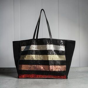 Victoria's Secret Tote Bag Large Travel Canvas Sequin Stripe Rainbow Coquette